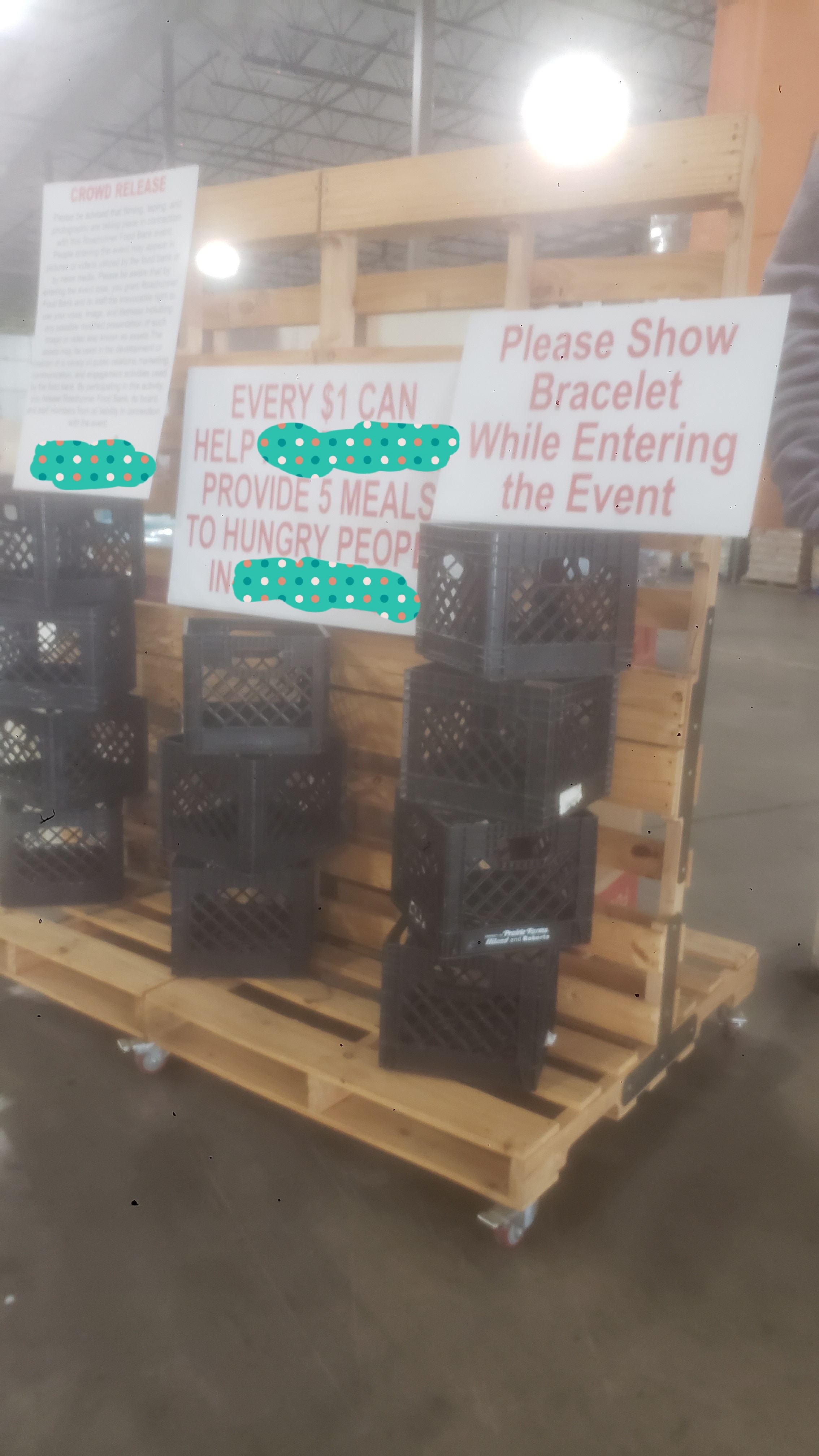 Three signs on crates for a event. One talks about showing your bracelet while entering the event, the second talks about how 1 dollar feeds 5 meals in the state, and the third sign talks about crowd photo release.